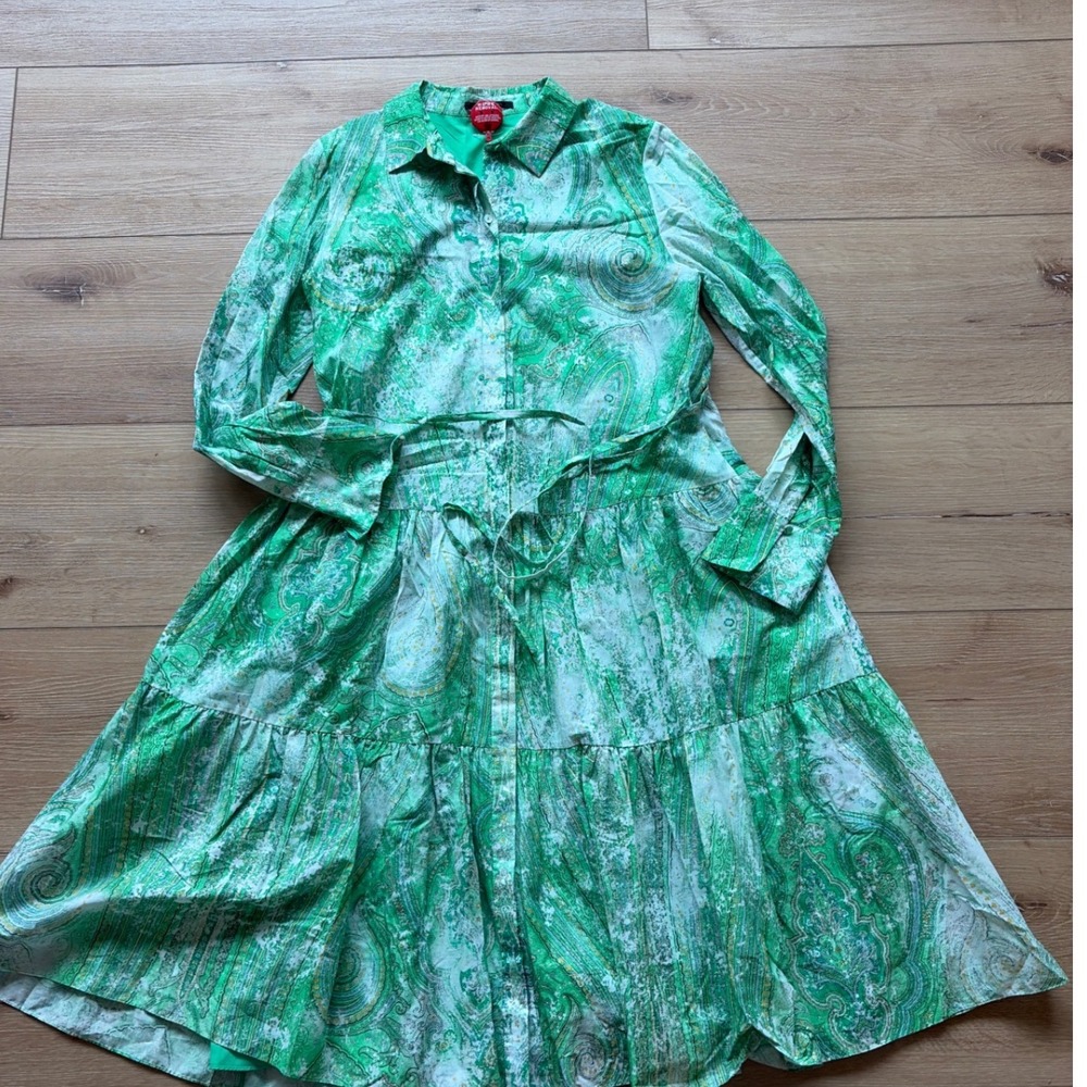 Kobi Halperin Green Paisley Cotton Tiered Shirt Dress Womens size Small